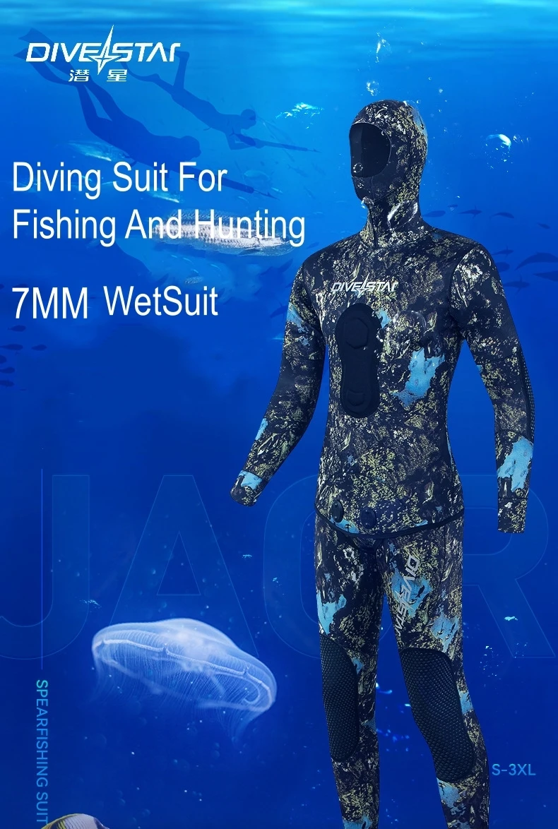 7MM Neoprene Long Sleeve Snorkeling Spearfishing Hooded Diving Suit 2Pieces Scuba Keep Warm Kayaing UnderWater Hunting WetSuit