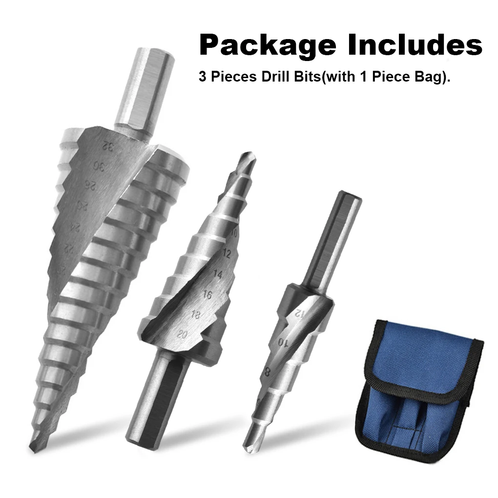 3PCS Set Step Drill Bits Woodworking 2 Flute Triangular Shank Metal Spiral Drilling Bit Core Cone Punching Tools