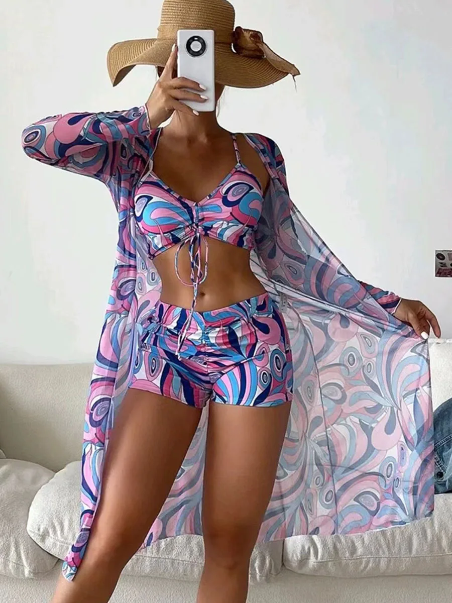 Tropical High Waist Bikinis 2023 Sexy 3Piece Bikini Set Cover Up Swimsuit for Women Long Sleeve Swimwear Beach Wear Bathing Suit