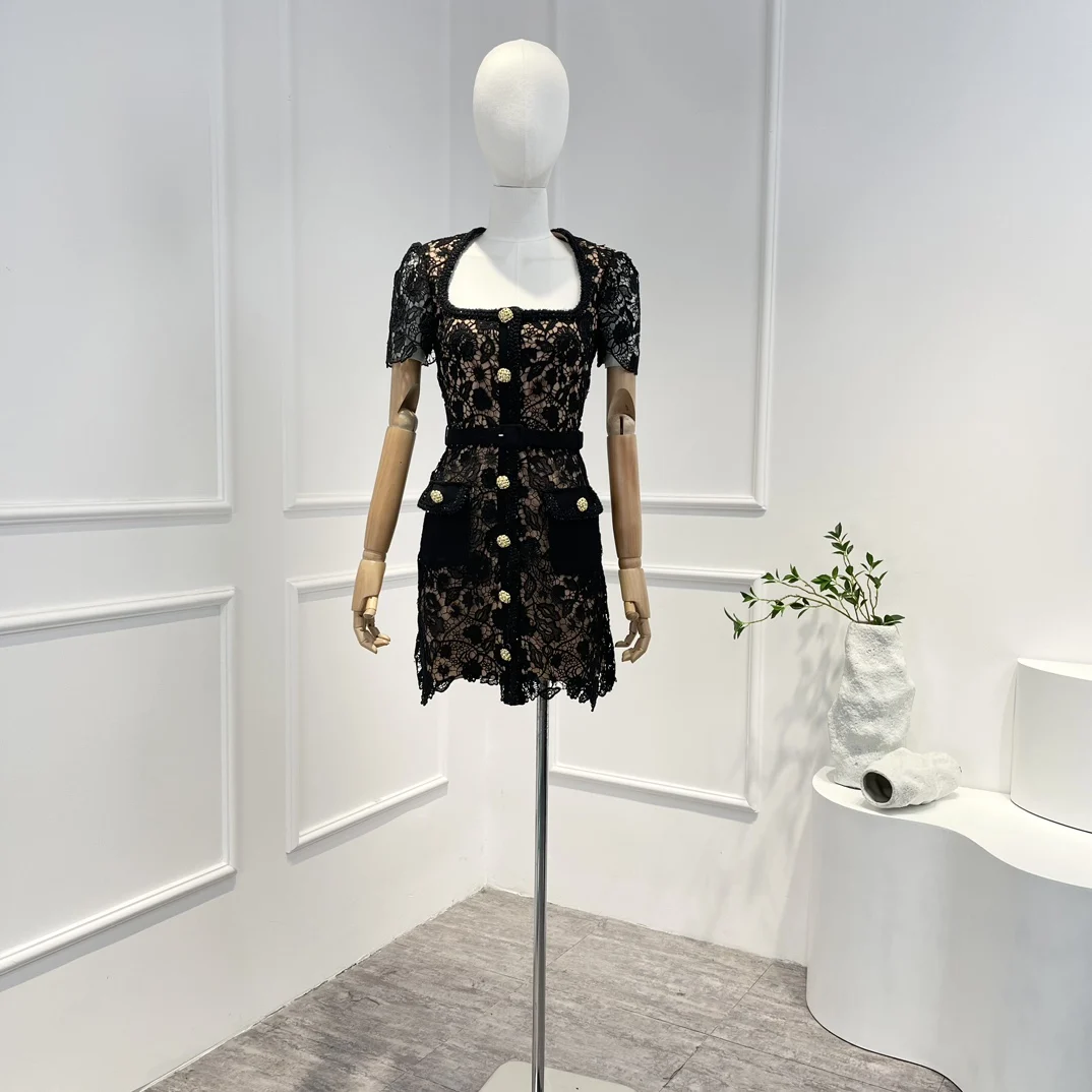 2023 Vintage Floral Hollow Out Fashion Black Lace Above Knee Mini Dress High Quality for Lady