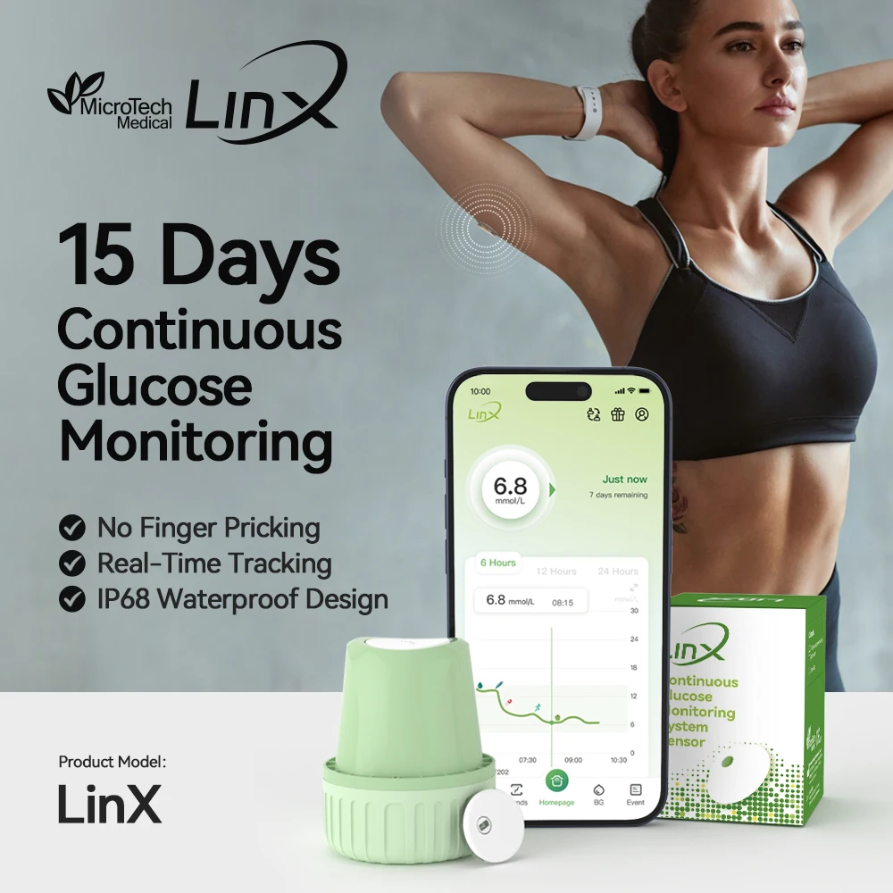 MicroTech LinX Dynamic Continuous Glucose Monitoring System CGM Sensor 24Hx15Days Blood Glucose Monitor for Diabetes Management