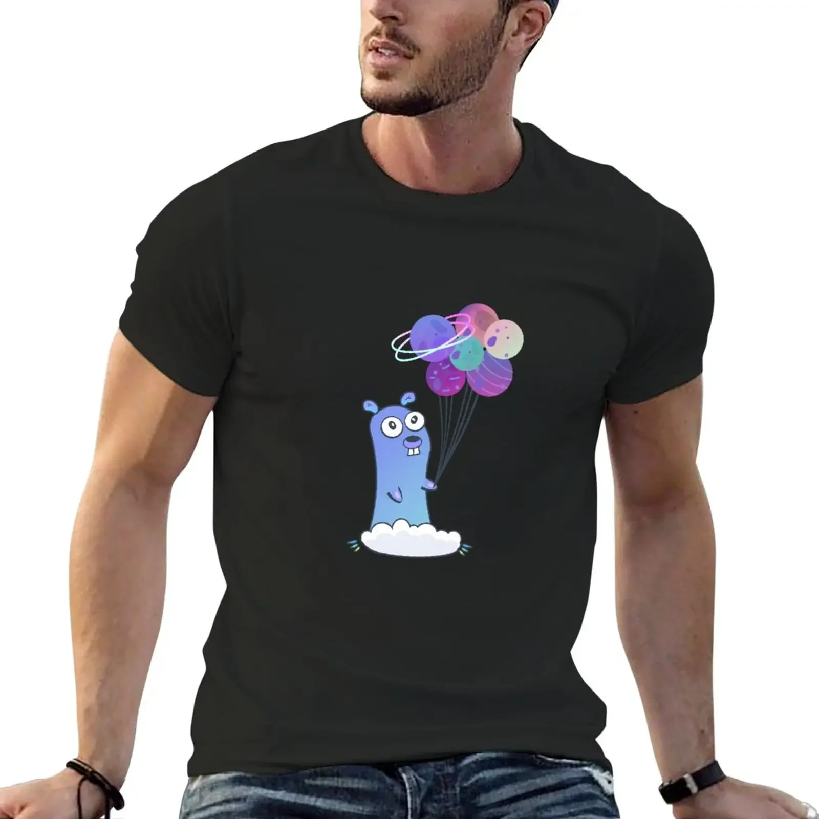 

Golang gopher in space with planets like bubbles T-Shirt shirts graphic tees sports fans oversized t shirts for men