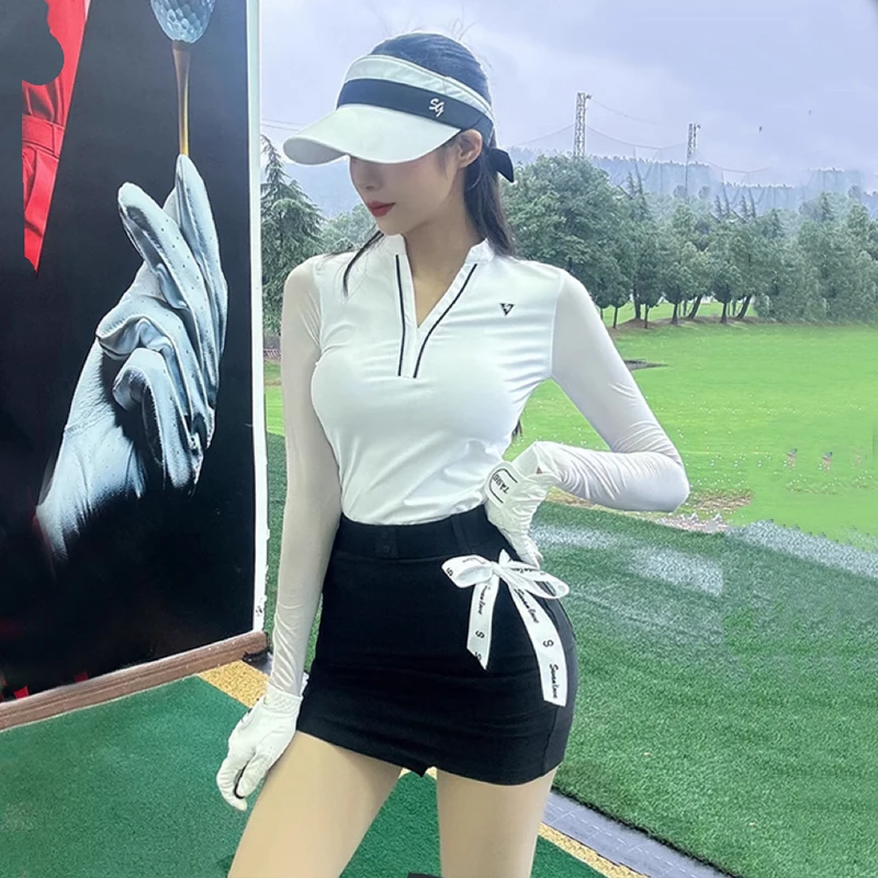 Swan golf ladies spring summer suit thin breathable ice silk long sleeve v-neck t-shirt women sports tops slim fit skort shorts