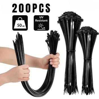 200/100PCS Black Cable Ties High Tensile Strength, UV Resistant, Self-Locking For Home & Office Cord Management
