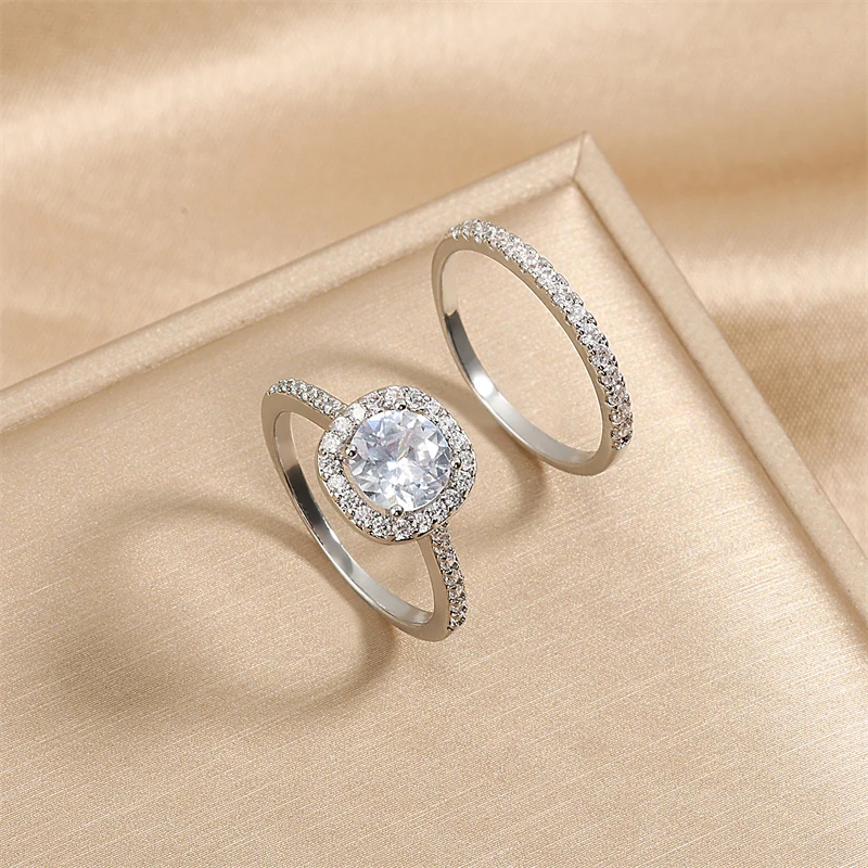 Crystal Rings Zircon Rings Stone Rings Fashion Rings Wedding Rings Fashion Ring Finger Rings Metal Rings 2pcs Luxury Geometric Big Clear AAA CZ Cubic Zirconia Decor Silver Color Ring For Women Multipack Wedding Jewelry Gift