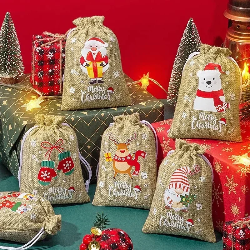 Christmas Gift Bags Christmas Candy Packaging Linen Bags Santa Claus Snowman
