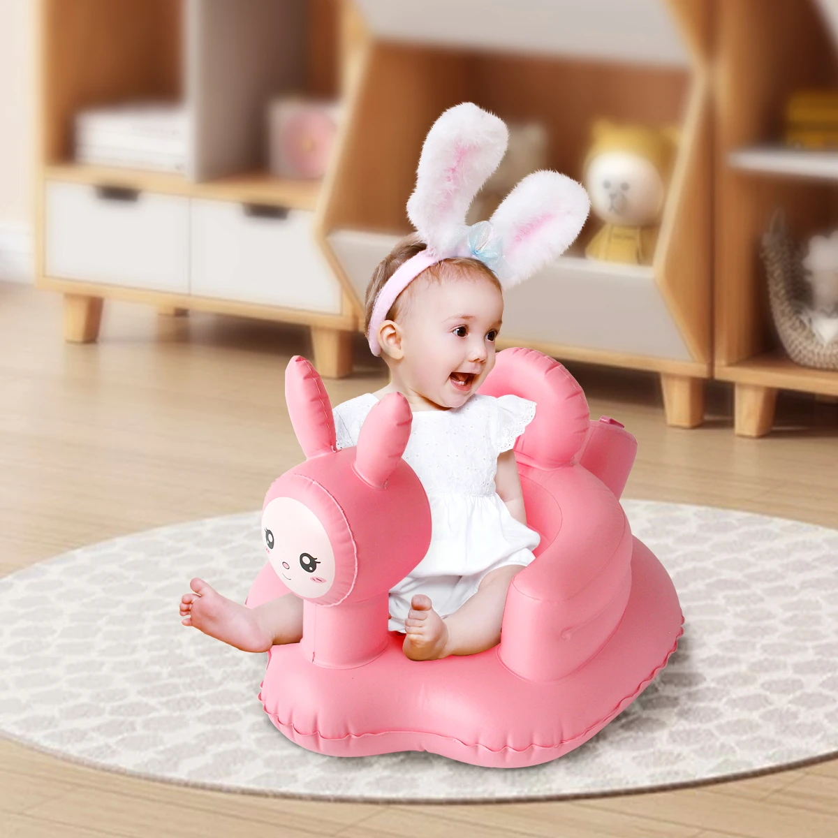 팽창식 베이비 핑크 토끼 의자, 편안한 PVC 앉아서 사용하는 의자, 내장형 에어 펌프로 불어넣는 용 소파