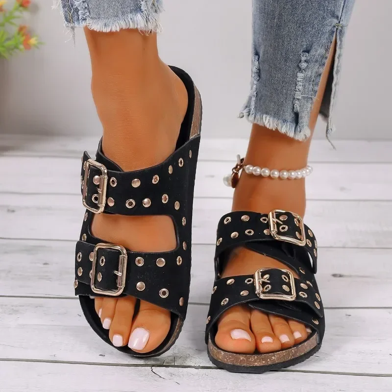 Women Slippers Solid Color Soft Thick Sole Retro Belt Buckle Versatile Outer Casual Shoes