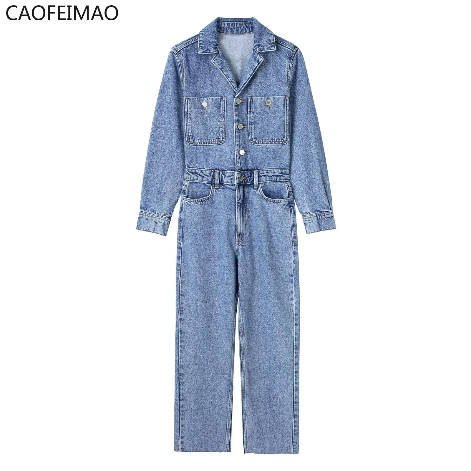 Джинсовая роба 2023 New Woman Jeans Jumpsuit Long Sleeves High Waist Denim Bodysuit Notched Fashion Playsuit Jumpsuits