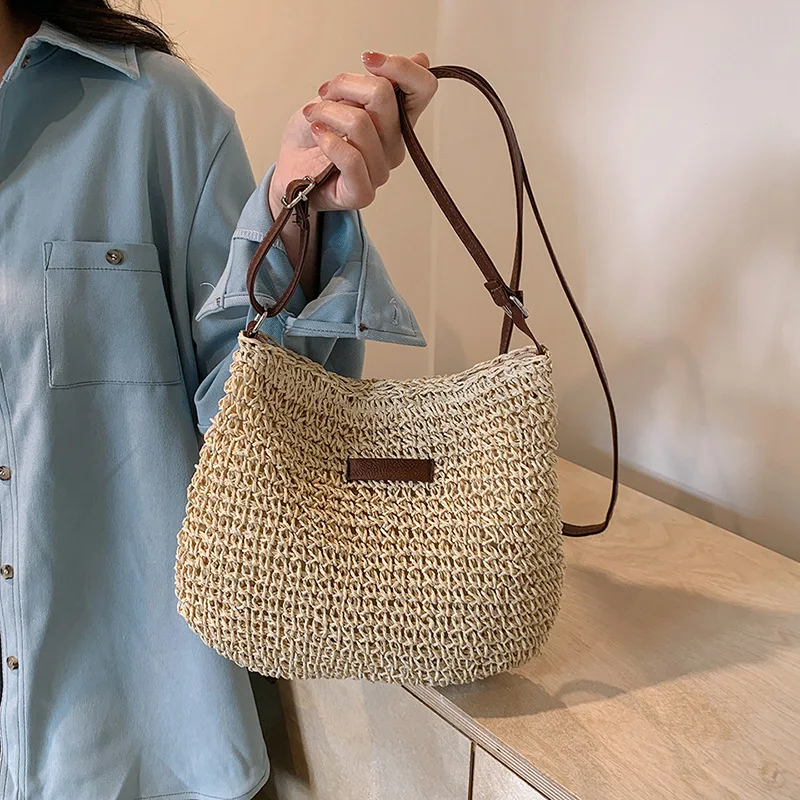 Summer Rattan Crossbody Bags Women Saddle Straw Woven Shoulder Bag