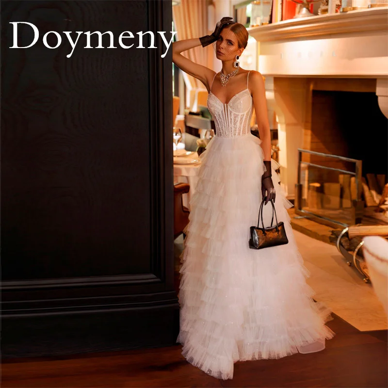 

Doymeny Elegant Spaghetti Straps Ruffled Wedding Gown PrincessTulle Tiered Skirt Sleeveless Sweetheart Court TrainRobe De Mariee