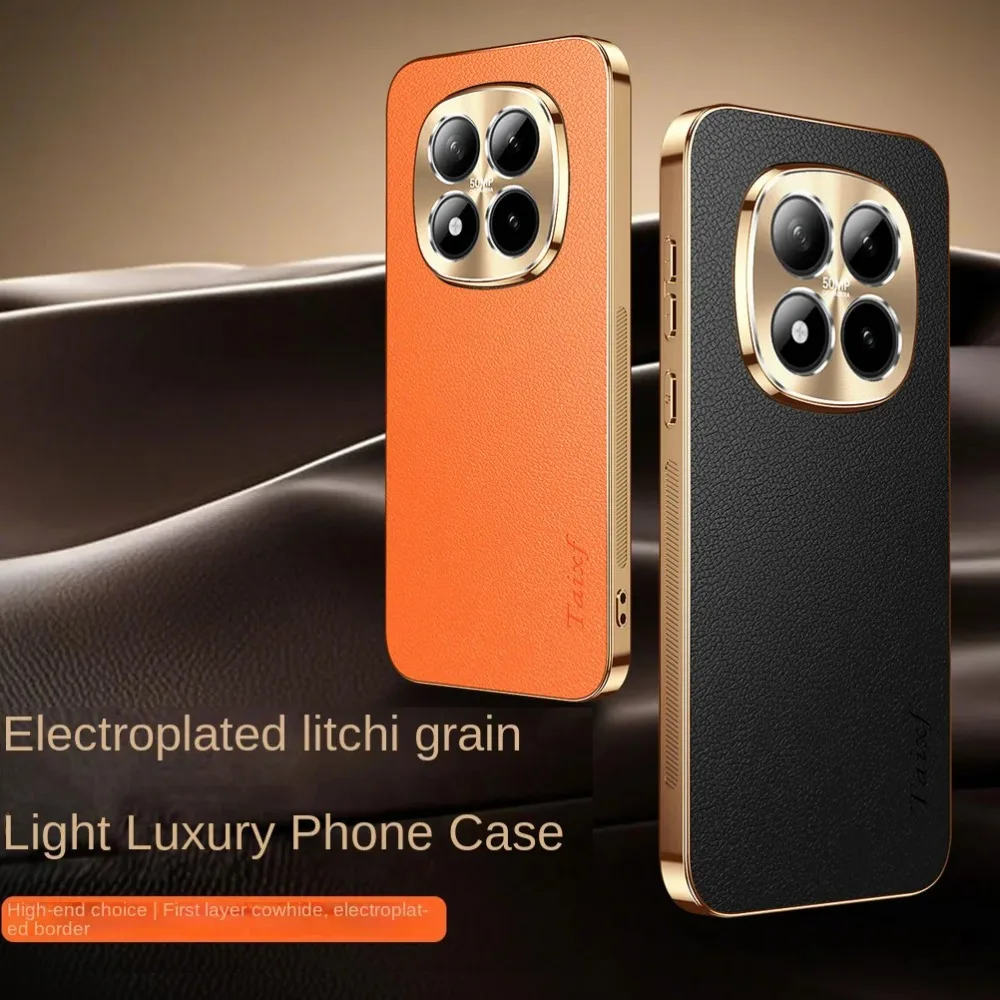 Premium Electroplated Frame Cowhide Leather Phone Case with 4-Lens Protector and Anti-Drop Cover