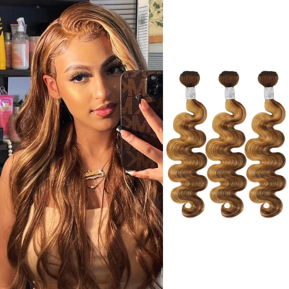 

ANGEL BEAUTY Honey Blonde Highlight Body Wave Bundles Human Hair 10A Malaysia 4/27 Ombre Brown Colored Human Hair Bundles Remy