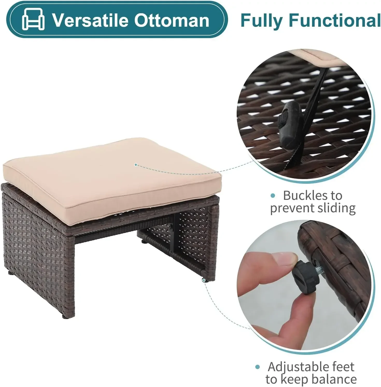 -New-6 Piece Patio Wicker Furniture Set, Balcony All Weather Rattan Chair, with Space Saving Ottoman, Resin Nesting Coffee Ta