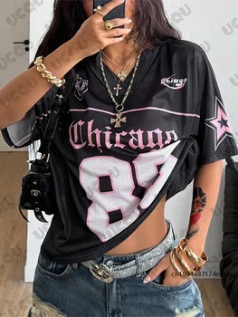 summer new chicago no.88 print t shirt for women v neck patchwork short sleeve sports football jersey y2k loose oversized tops