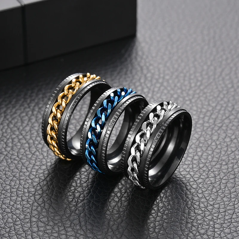 8MM Stainless Steel Spinner Ring Black Chain Rotatable Men Ring For Boy Girl Punk Jewelry Birthday Gift jewelry rings ring jewelry fidget rings