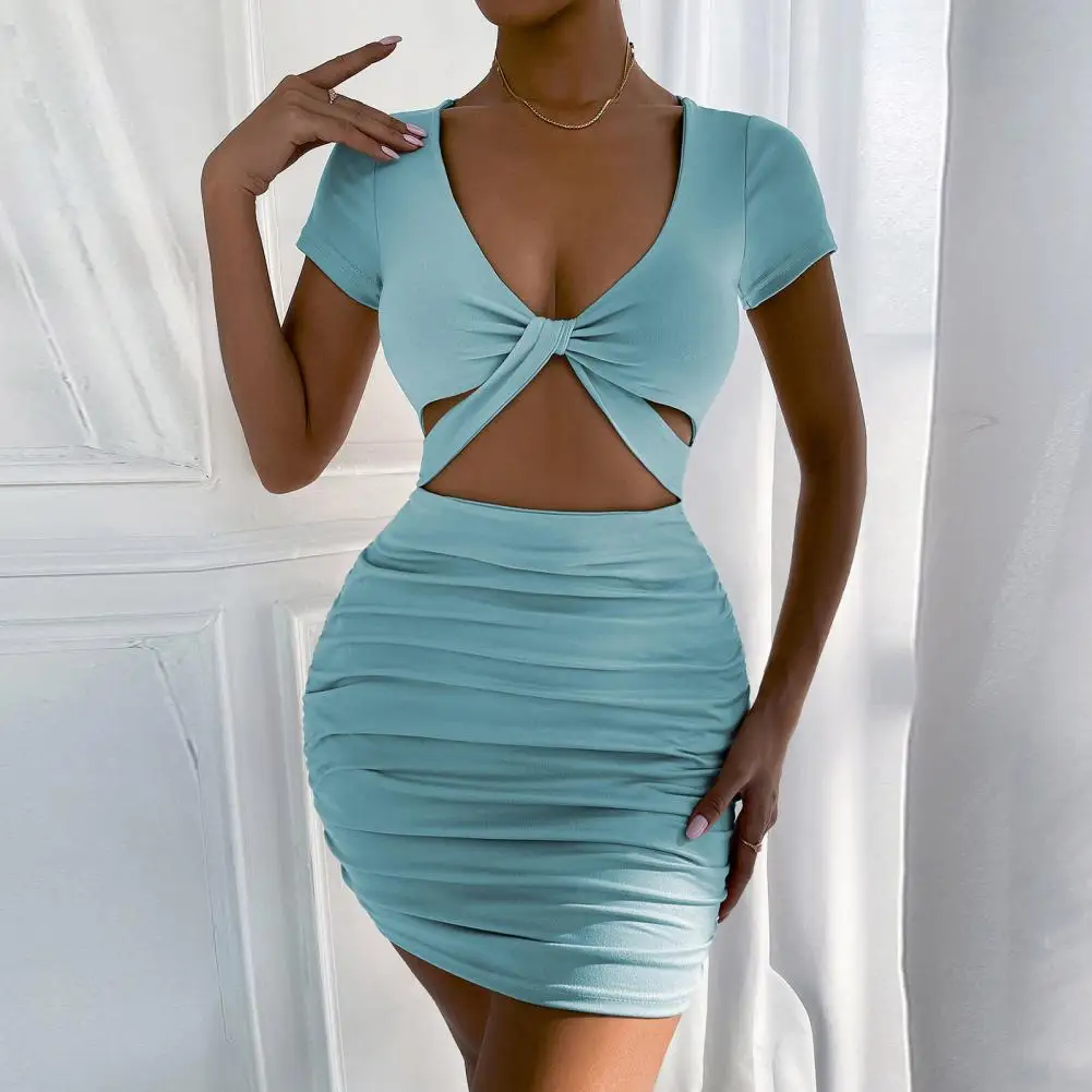 

Women Dress Elegant V Neck Sheath Dress With Pleated Detailing High Waist For Nightclub Party Women's Sexy Mini Dress Solid