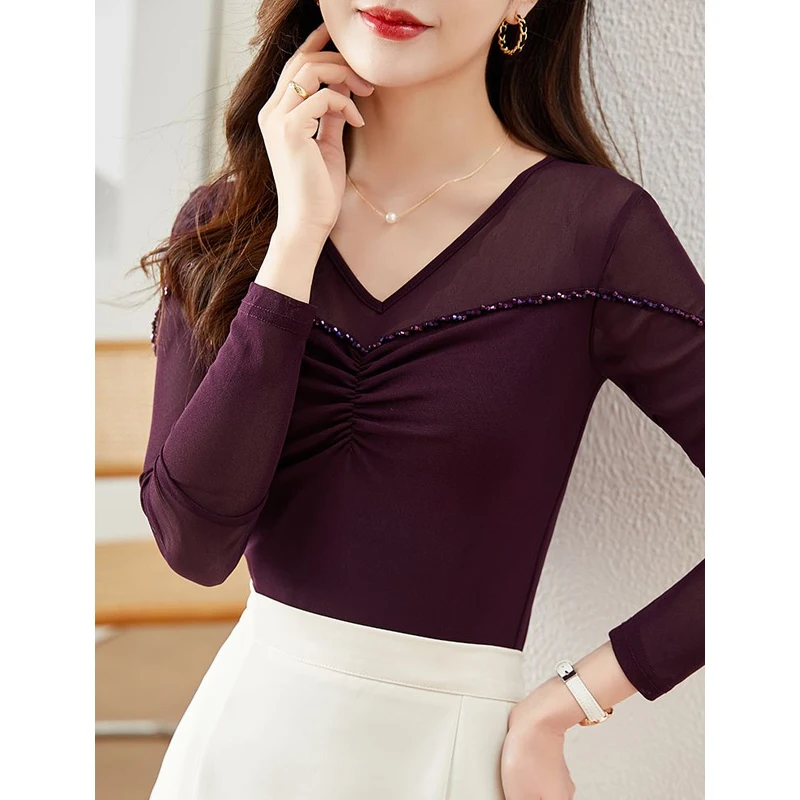 

Spring Summer New Net Yarn V Neck Bottoming Shirt Long Sleeve V Neck Slim Solid Temperament Tops Elegant Fashion Women Clothing