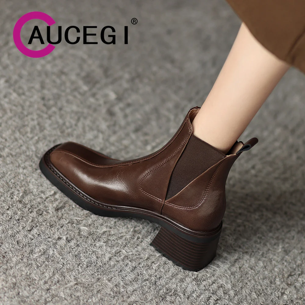 

Aucegi Hot Sale Genuine Leather New Chunky Heel Chelsea Boots Fashion Women Square Toe Designer Preppy Style Commuter Shoes