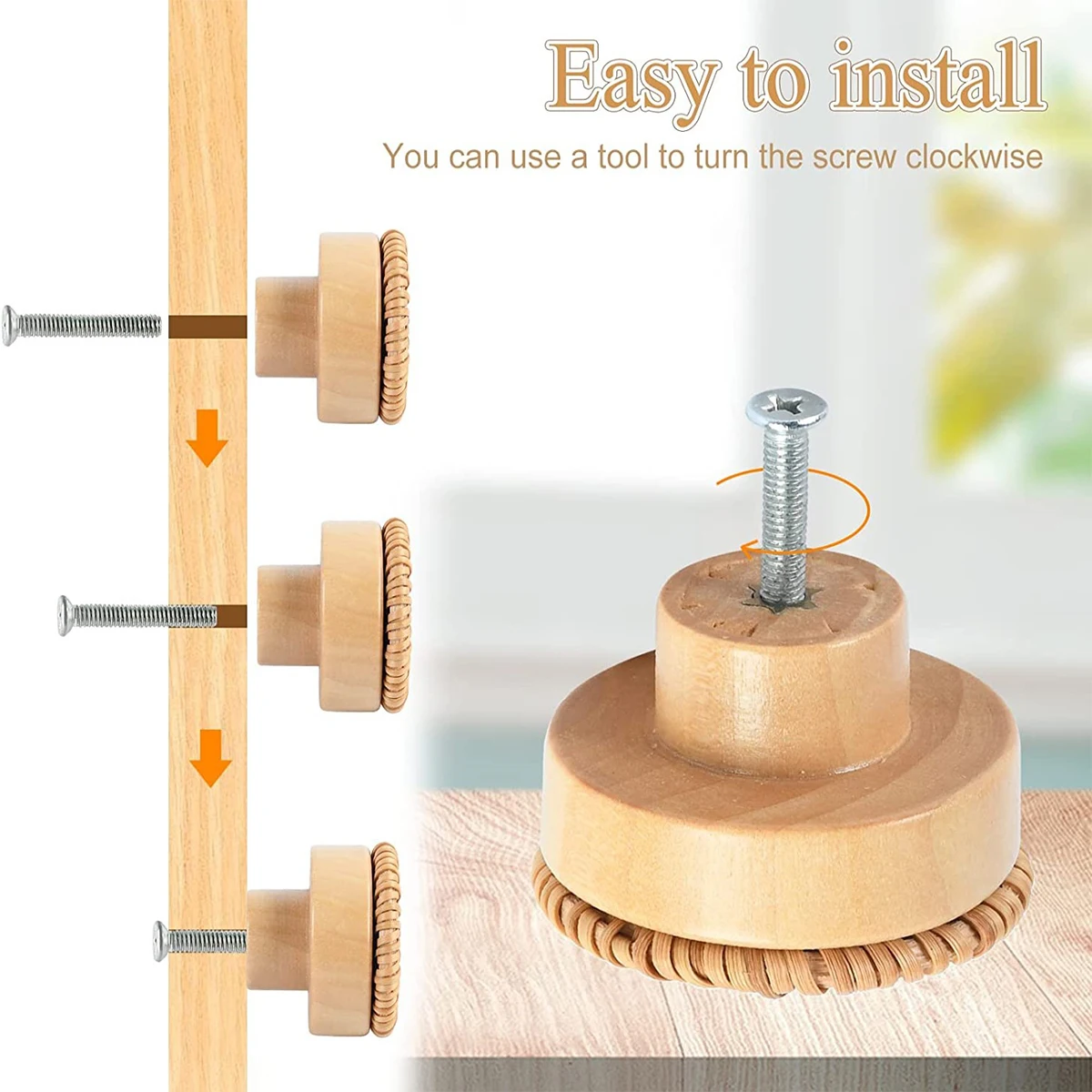 6/12PCS Rattan Wooden Drawer Knobs Boho Rattan Dresser Knobs Round Handmade Cabinets Dresser Handles Cupboard Wardrobe Door Pull