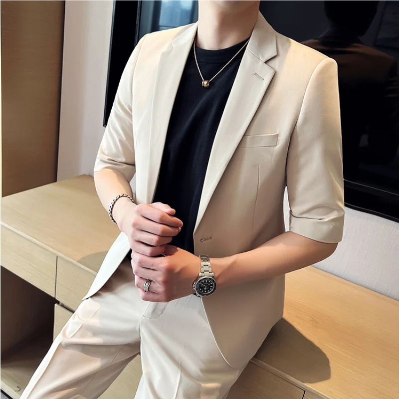 Men Summer Short Sleeve Blazer 2-piece Suit