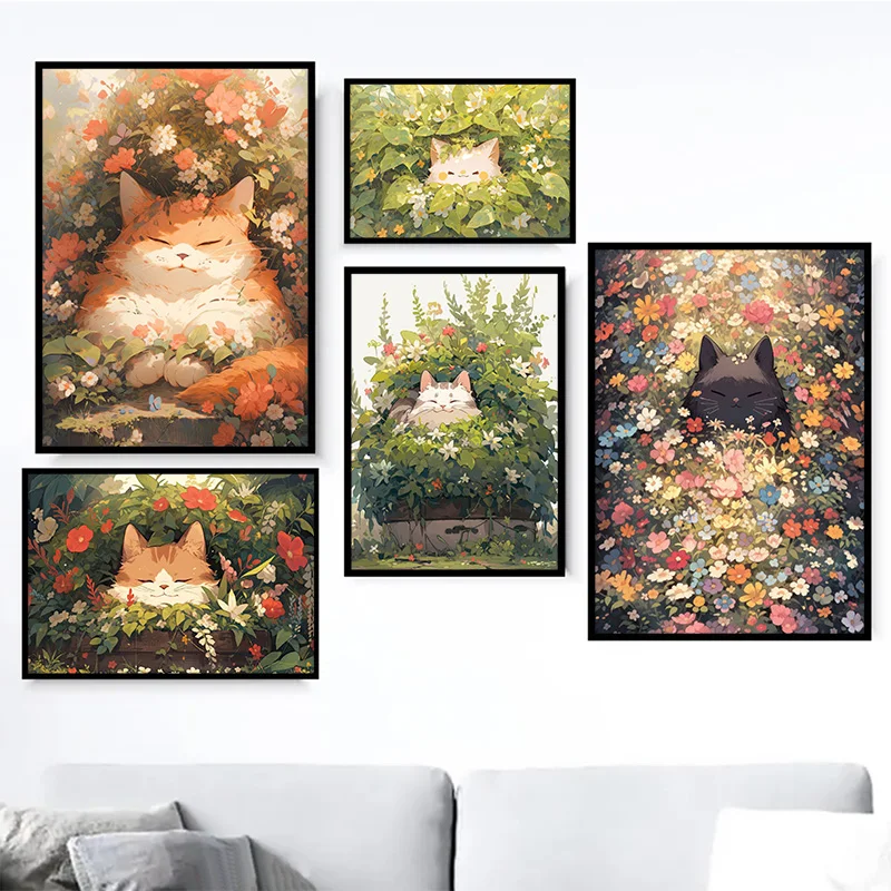 Bel Gatto Negli Arbusti Fioriti Pittura Su Tela Poster Cute Pet Wall Art Immagini Per Soggiorno Camera Da Letto Modern Home Decor