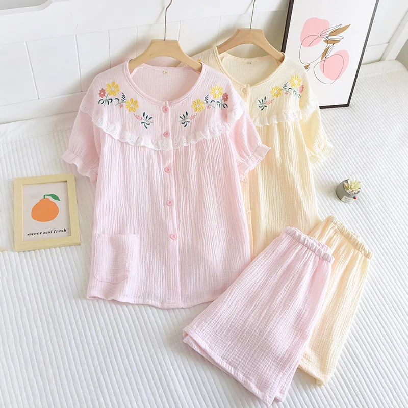 

Embroidery Summer New Ladies Pyjama Set Comfort Crepe Cotton Short Sleeved Shorts Ladies Soft Loose Thin Homewear Casual Wear