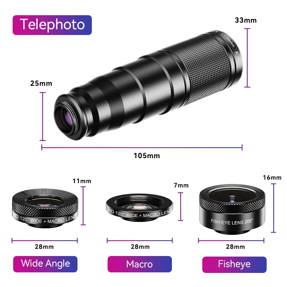 APEXEL 휴대폰 카메라 렌즈 키트, 4 in 1 망원 줌, 22X 렌즈 망원경, 단안 와이드 매크로 어안 렌즈 삼각대, 스마트폰용