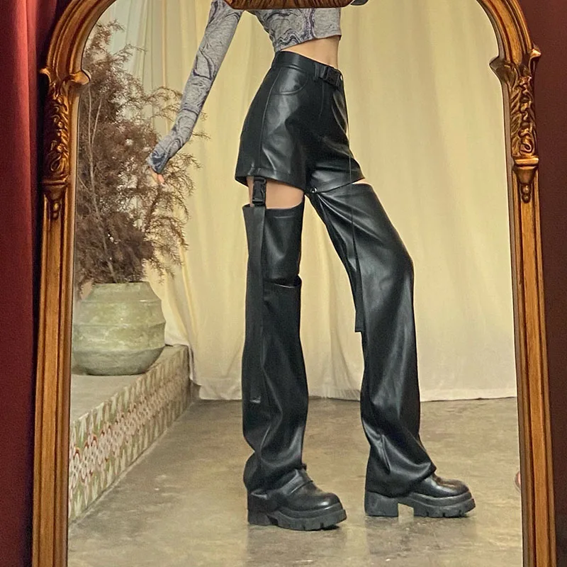 Women Leather Pants Black Hollow Out High Waist Pockets Female Straight Pants Fashion Trend Loose Pu Leather Trousers