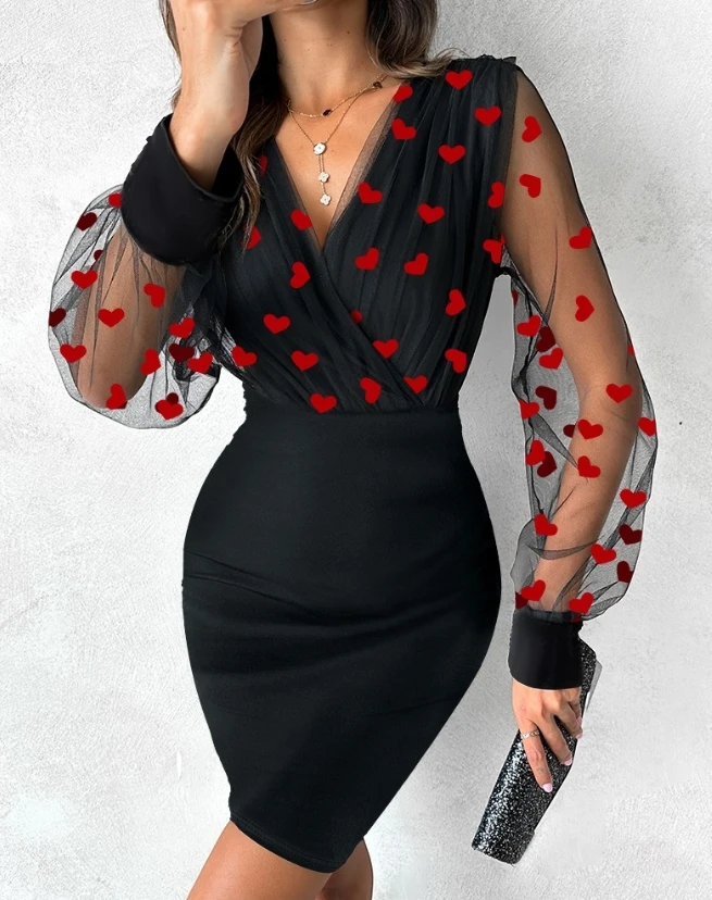 

Color Blocking Heart-Shaped Chiffon Mesh Patch Party Dress Hot Selling Fashion Sexy Slim Fit Long Sleeved V-Neck Mini Skirt