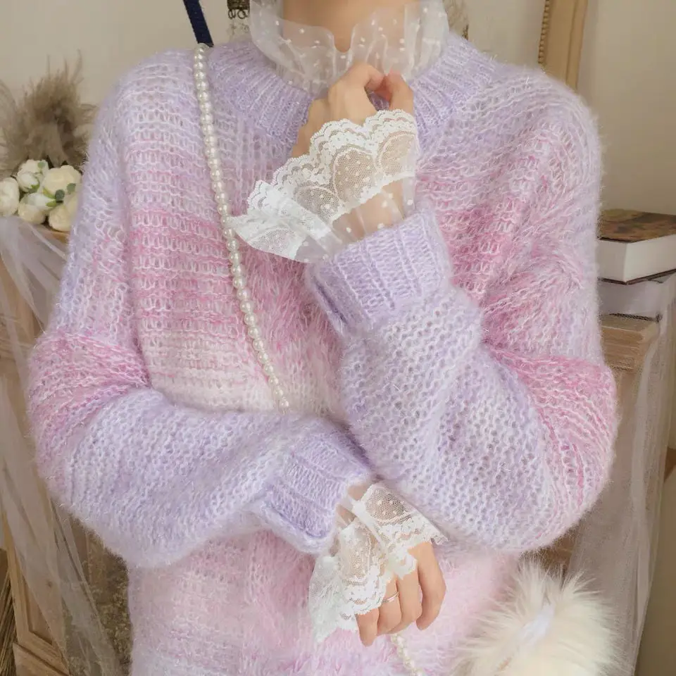 

Gradient Purple Shiny Silk Knit Sweater 2023 New Autumn Winter Fashion Women Sweater Casual Loose Bat Sleeve Fairycore Sweater