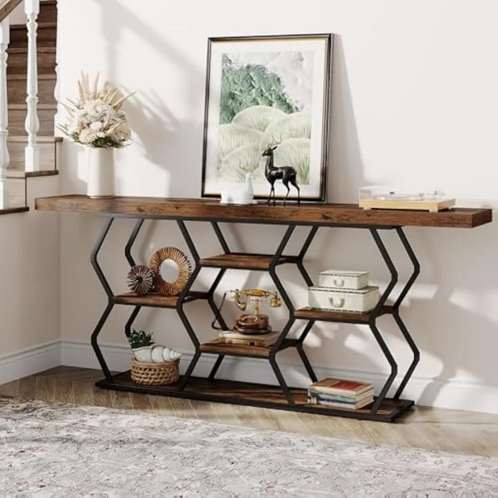 Extra Long Console Table with Shelves, Narrow Sofa Table Behind Couch with Storage, Industrial Entryway Table TV Stand 3