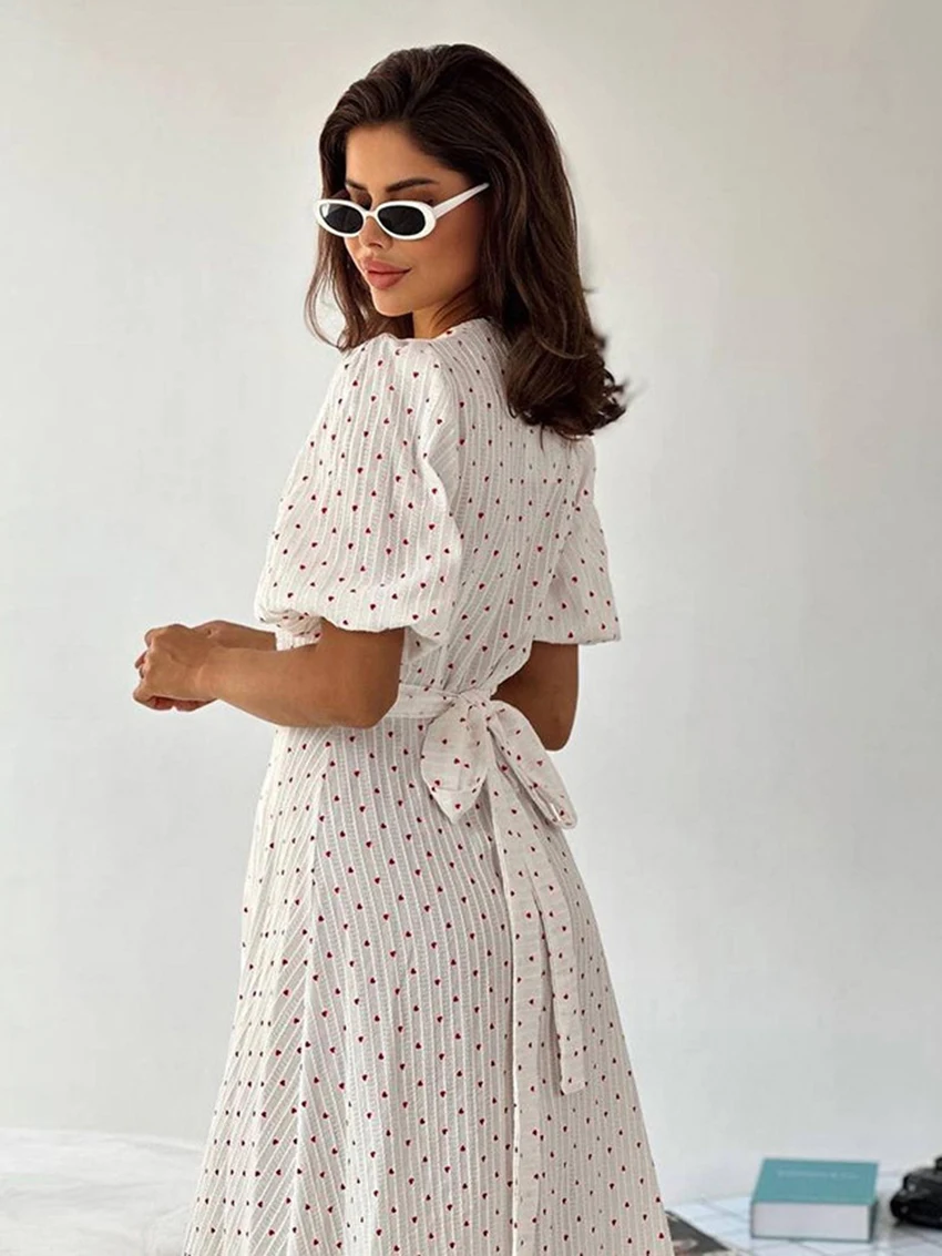 Mathaqiqi Printing Casual Ladies Sleepwear Sexy V-Neck Pajamas Half Sleeve Pyjamas Lace Up Nightwear Mid-Calf Dress Home Clothes