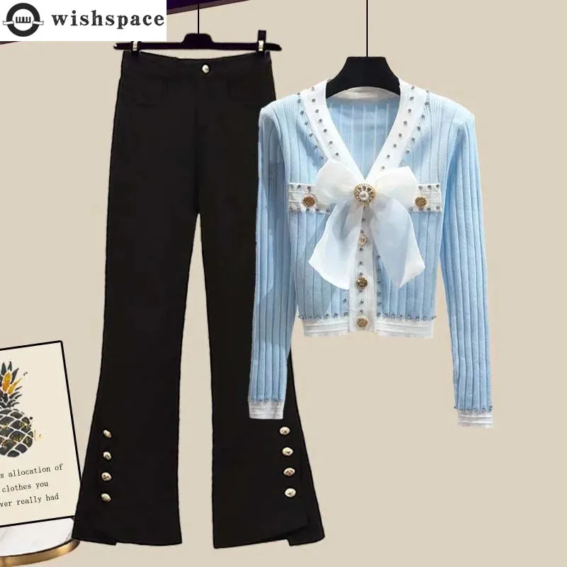 2022 Spring New Elegant Women's Pants Set Personality Creativity Suddenly Bow Sweater Knitted Jacket Trousers Two-piece Set men s leather belt for young people casual pure top layer cowhide pin buckle korean style personality trendy hand woven trousers