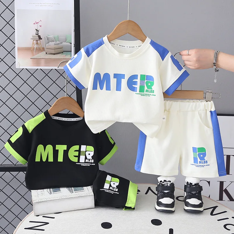 소년 여름 스트리트웨어 세트 키즈 컬러 블록 그래픽 티셔츠 + 반바지 2종 세트 아동 캐주얼 패션 베이비 스포츠웨어