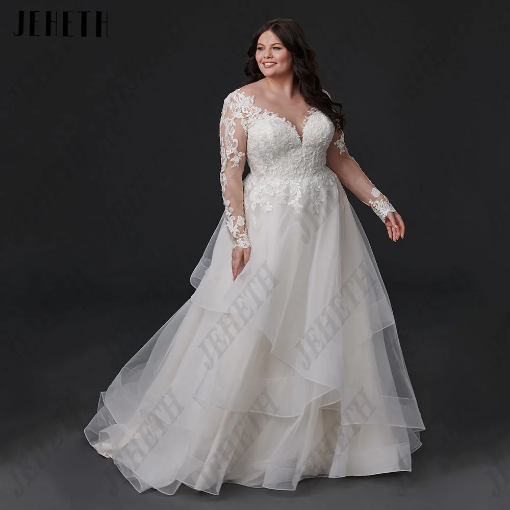 

JEHETH Exquisite Wedding Dresses Plus Size Long Sleeves O-Neck Sexy Backless Bride Gowns A-Line Applique vestido de casamento