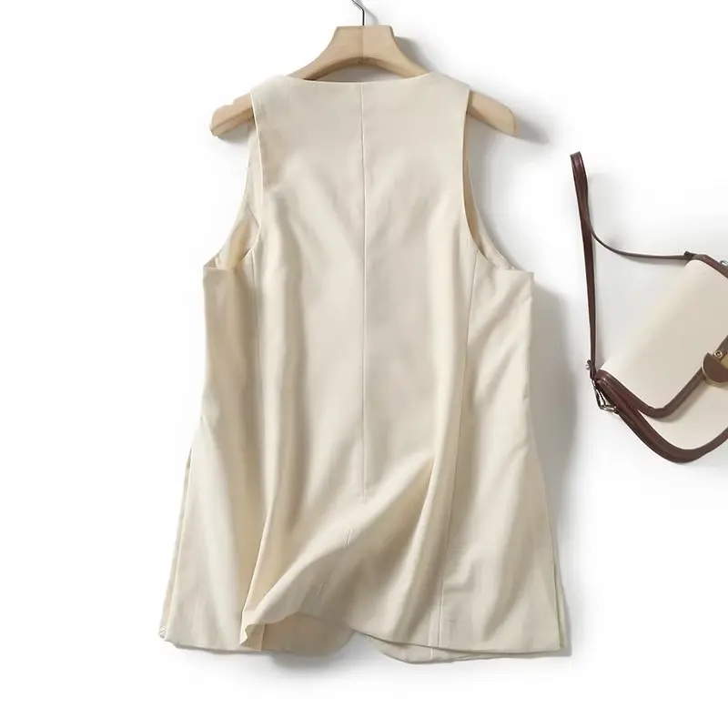 Jenny&Dave Fashion Beige Color Sleeveless Blazers Women Tops French Simple Ladies Single Breasted Vest