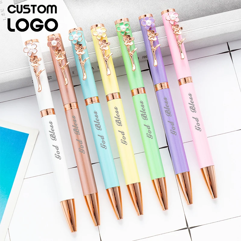 Custom Carving Logo Colorful Flower Pen Clip Pearl Ball Pens Fashion MultiColor Metal Pen Learning Supplies Creative Advertising