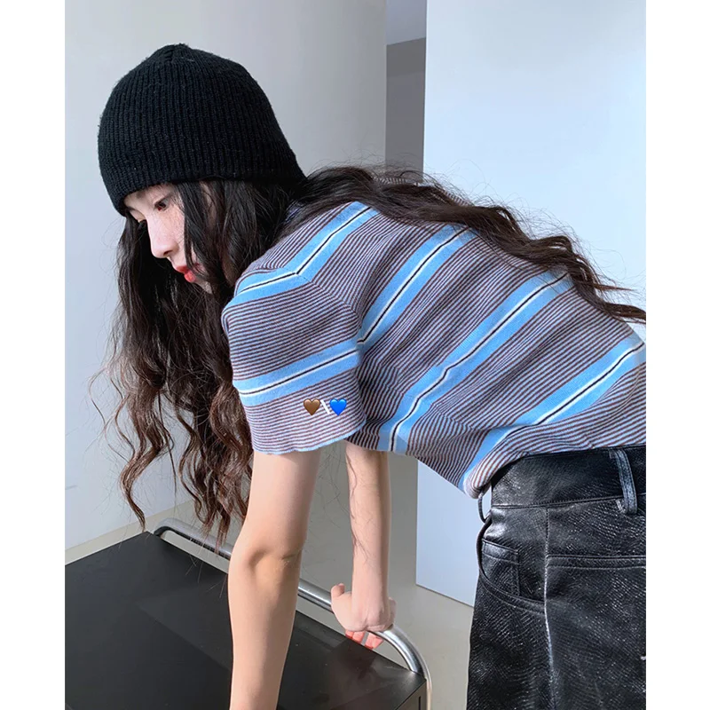

2023 Summer Loose Top Vintage Stripe Half Sleeve T-shirt