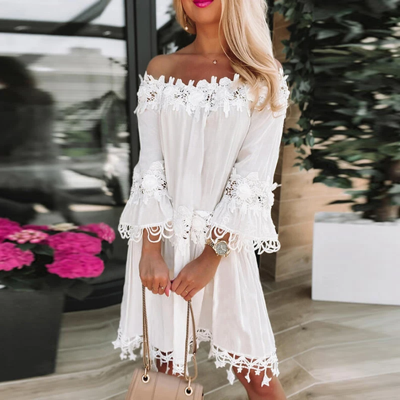 

Elegant Off Shoulder Mini Dress Sexy Hollow Out Women Slash Neck Ruffle Party Dress Casual Fashion Flare Sleeve Lace White Dress