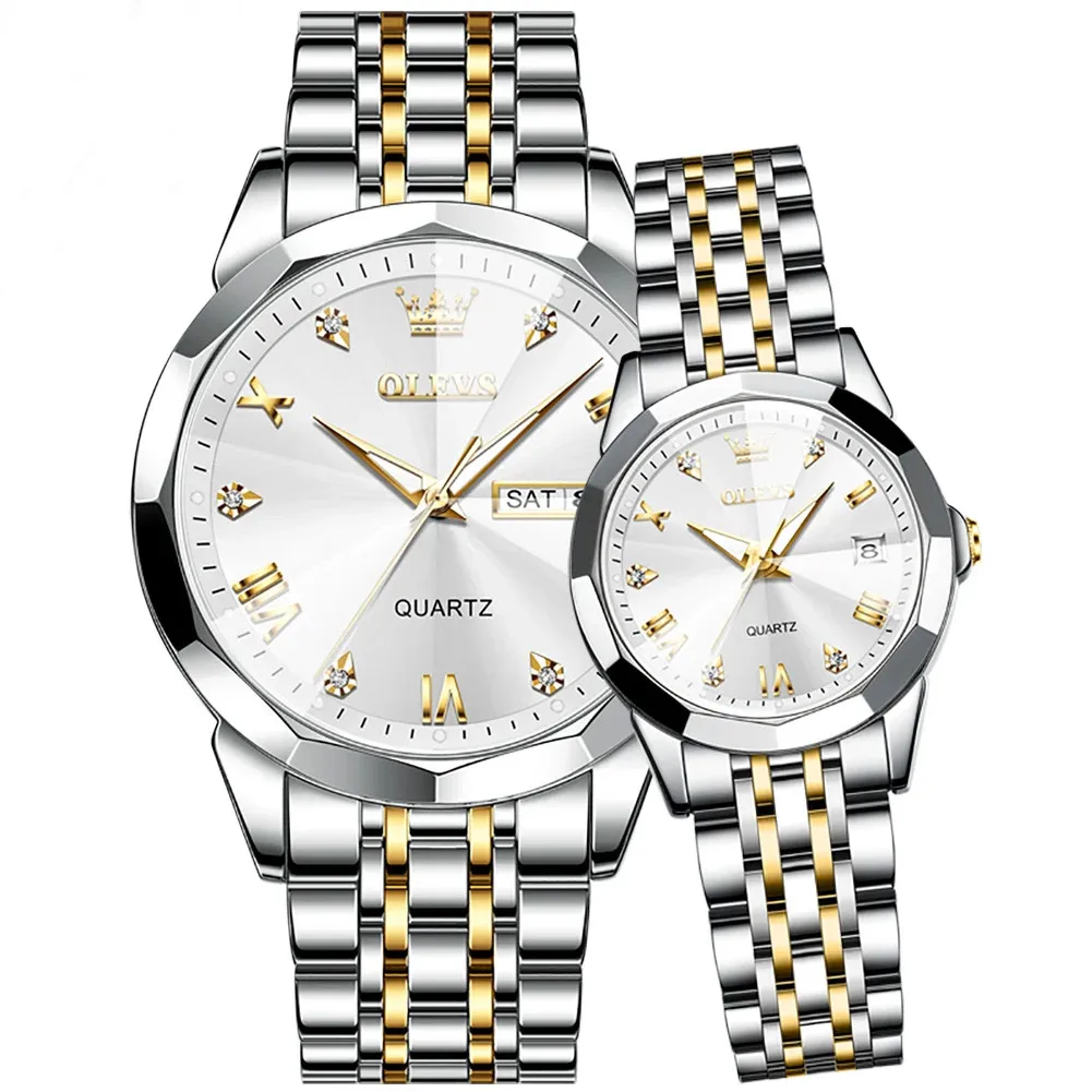 

OLEVS Men Women Watches Couple Quartz Wristwatch Solid Stainless Steel Strap Rhombus Design Lover's Watch Gifts For Wife Husband