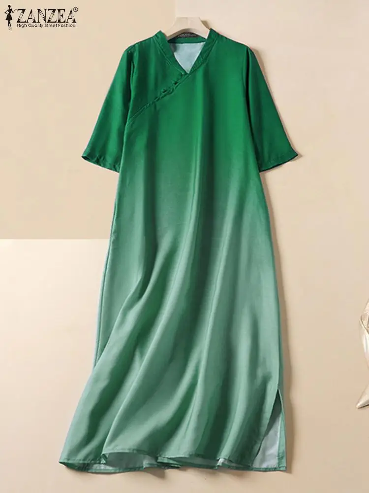 

Модные женские платья с эффектом омбре ZANZEA, повседневные элегантные халаты средней длины в китайском стиле с воротником-стойкой и рукавом до локтя