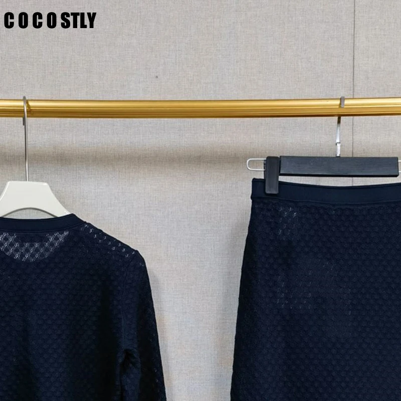 

Cocostly 2024 New Women Hollow Out Ruffle Set Metal Buttons Round Neck Knitted Cardigan Sweater High Waist Midi Skirt Elegant