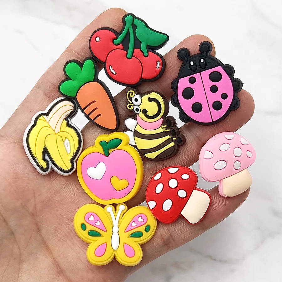 

1Pcs Cartoon Fruit Animals PVC Shoe Charms Bee Butterfly Cherry Banana Designer Upper Decorations Accessories Clogs Pins Buckle