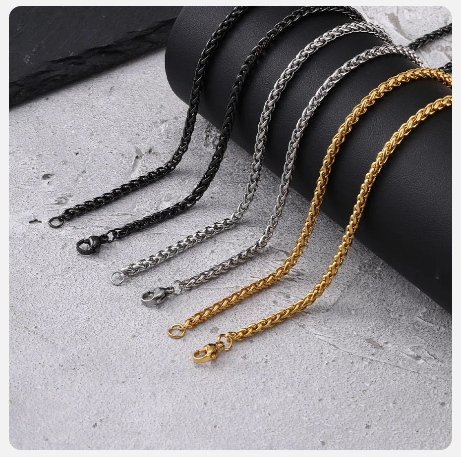 Vnox Schwarz Silber Gold Farbige Edelstahl-Kette 3mm Breite Korbgeflecht-Halskette Schmuckgeschenk für Männer Frauen – Detail 5