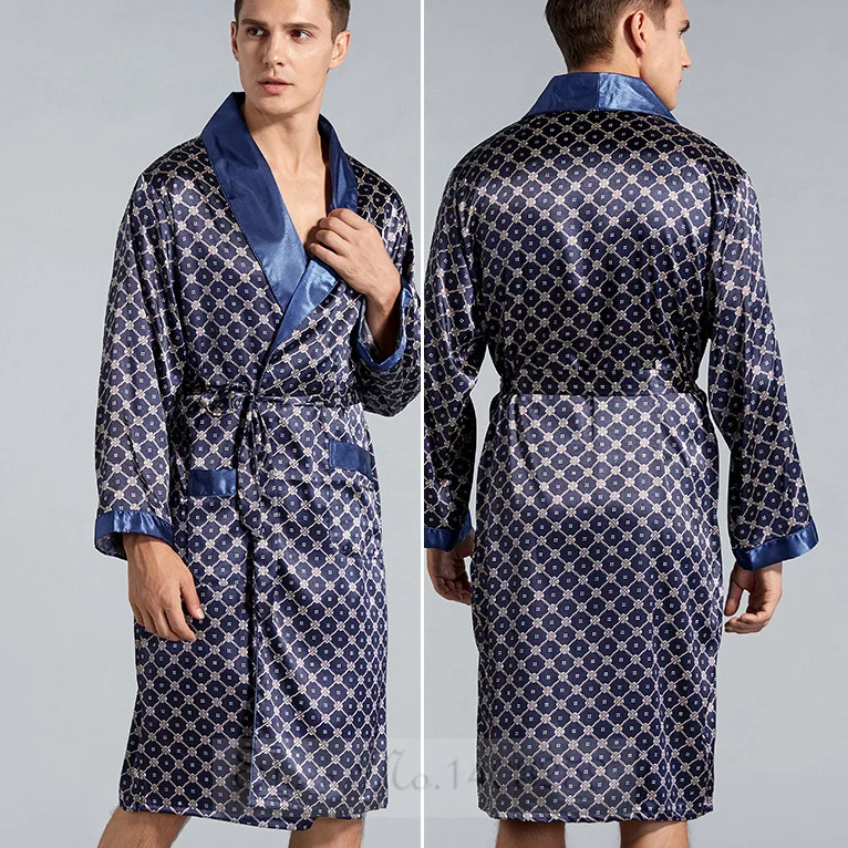 Men Robe Sleepwear Plus Size 3XL 4XL 5XL Navy Blue Stripe Kimono Bathrobe Gown with Pocket Summer Satin Home Clothes Lounge Wear