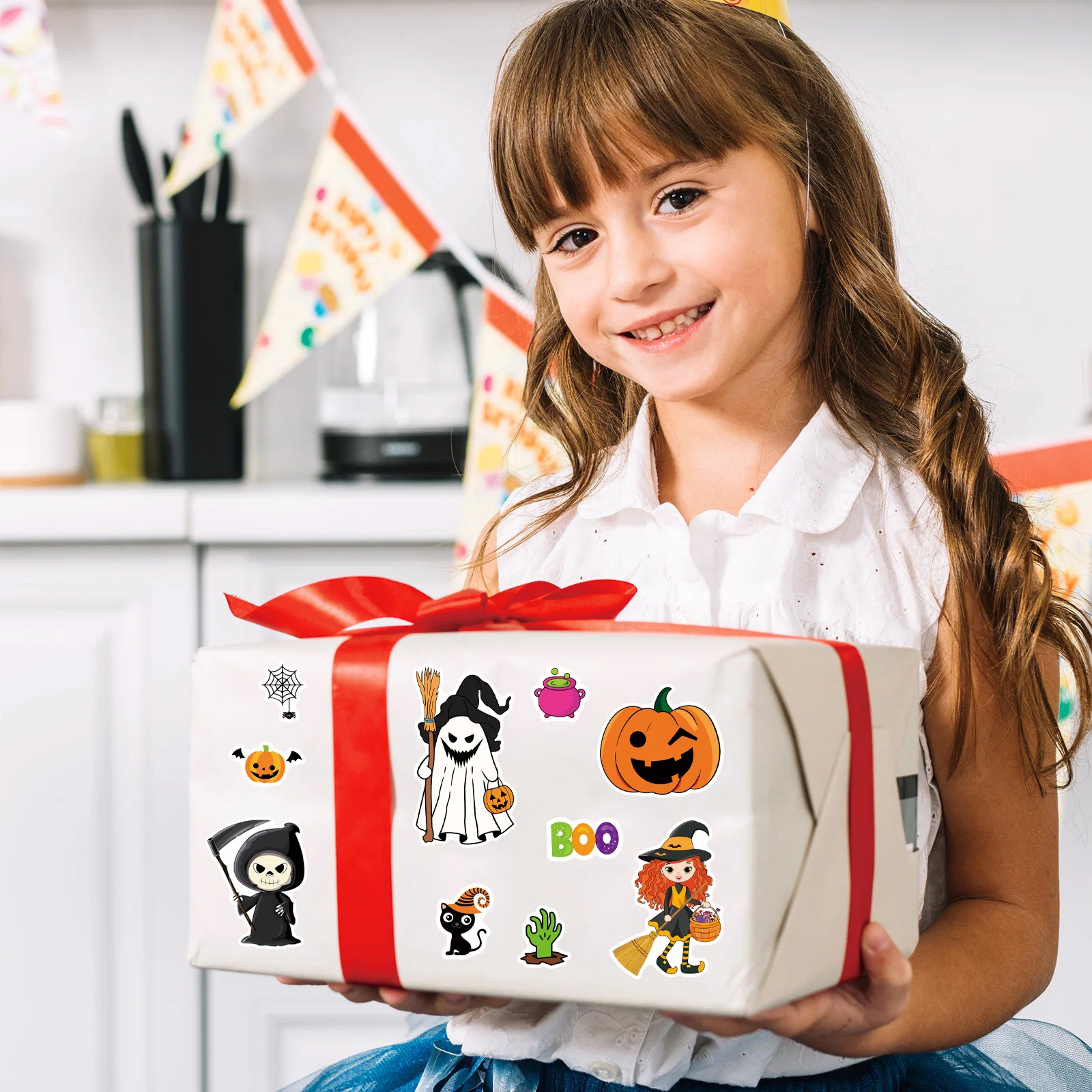 16PCS 할로윈 얼굴 스티커 만들기 어린이 퍼즐 할로윈 파티 선물 상자 선물 고정 스티커