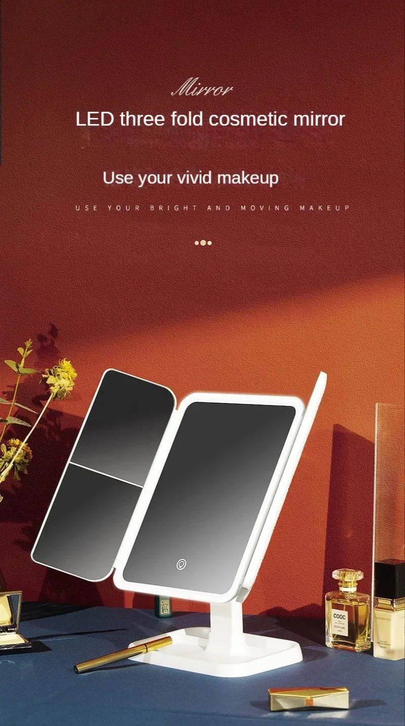 USB Rechargeable Folding Portable LED Makeup Mirror Touch Screen Dimming Handheld With 3X Magnifying Travel Cosmetic Mirrors