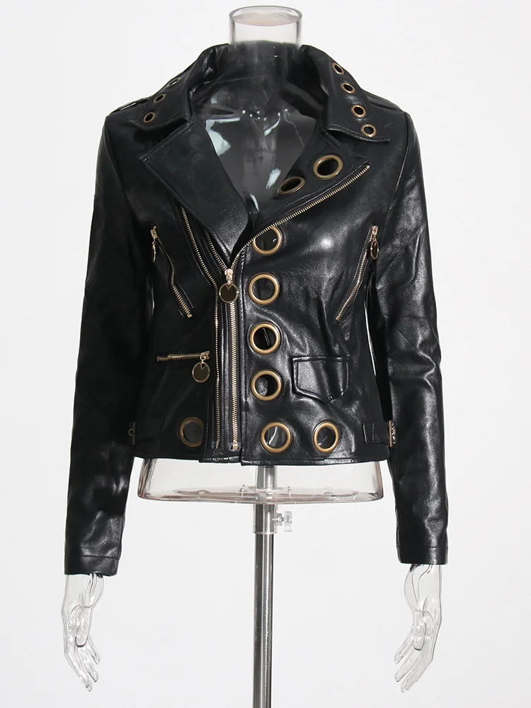 VGH Autumn 2024 PU Leather Jacket For Women Lapel Long Sleeve Patchwork Zipper Hollow Out Streetwear Solid Jacket Female Style 2