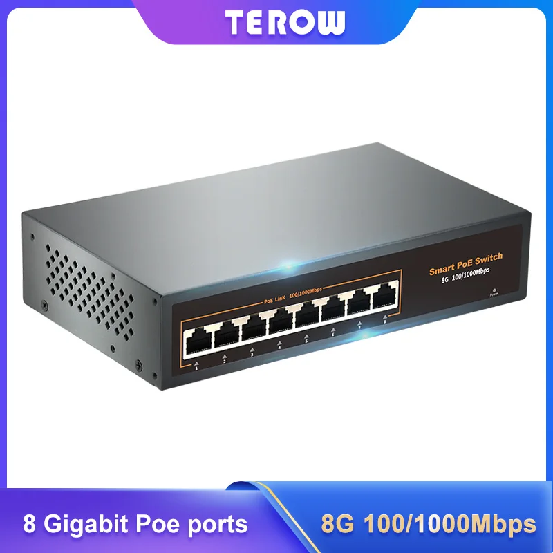 

Terow Poe Switch 8 Port 1000 Mbps Uplink Automatic Ethernet 52V Rj45 Casting Network for Ip Surveillance/cctv Cameras